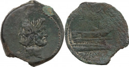 L. Calpurnius Piso Frugi. AE As, 90 BC. Obv. Laureate head of Janus. Rev. L P[ISO] Prow right, [on which Victory stands right, holding palm]; in exerg...