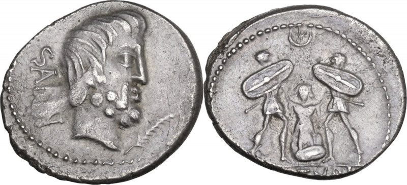 L. Titurius L. f. Sabinus. AR Denarius, 89 BC. Obv. SABIN. Head of King Tatius r...