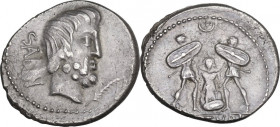 L. Titurius L. f. Sabinus. AR Denarius, 89 BC. Obv. SABIN. Head of King Tatius right; below chin, palm. Rev. Tarpeia stands facing between to soldiers...