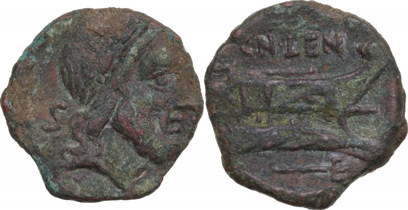 Cn. Lentulus Clodianus. AE Semis, 88 BC. Obv. Laureate head of Saturn right; beh...