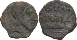 Cn. Lentulus Clodianus. AE Semis, 88 BC. Obv. Laureate head of Saturn right; behind, S. Rev. Prow right, Above, CN. LEN; below, trident. Cr. 345/4b. A...
