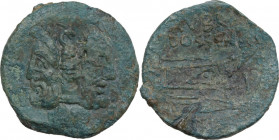 L. Rubrius Dossenus. AE As, 87 BC. Obv. Laureate head of Janus, with garlanded altar with snake coiled round top set in centre. Rev. L. RVBRI/DOSSEN. ...