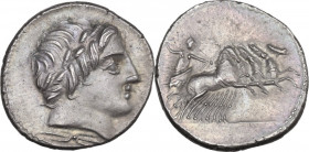 Vergilius, Gargilius and Ogulnius. AR Denarius, 86 BC. Obv. Head of Apollo right, wearing oak-wreath; below, thunderbolt. Rev. Jupiter in quadriga rig...