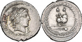 Mn. Fonteius C. f. AR Denarius, 85 BC. Obv. Laureate head of Vejovis right, MN. FONTEI. C.F behind, thunderbolt below head, monogram of ROMA below chi...