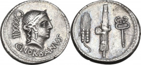 C. Norbanus. AR Denarius, 83 BC. Obv. Diademed head of Venus right; behind, CXXXXII; below, C. NORBANVS. Rev. Ear of corn, fasces with axe and caduceu...