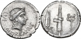 C. Norbanus. AR Denarius, Rome mint, 83 BC. Obv. Diademed head of Venus right; in the field, control-numeral; below, C·NORBANVS. Rev. Ear of corn, fas...