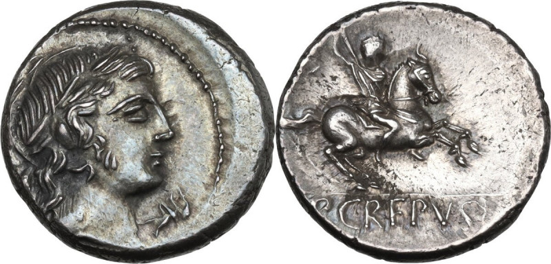 P. Crepusius. AR Denarius, Rome mint, 82 BC. Obv. Laureate head of Apollo right;...