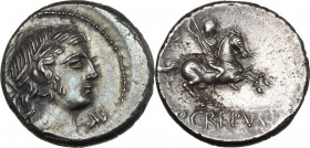 P. Crepusius. AR Denarius, Rome mint, 82 BC. Obv. Laureate head of Apollo right; on the left, sceptre; below chin, grasshopper. Rev. Horseman gallopin...