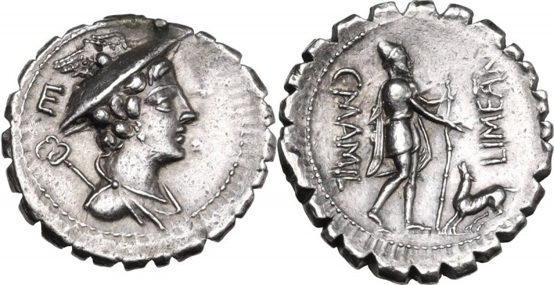 C. Mamilius Limetanus. AR Denarius serratus, 82 BC. Obv. Draped bust of Mercury ...