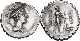 C. Mamilius Limetanus. AR Denarius serratus, 82 BC. Obv. Draped bust of Mercury right, wearing winged petasus; caduceus over left shoulder; above, E. ...