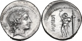 L. Marcius Censorinus. AR Denarius, 82 BC. Obv. Laureate head of Apollo right; to left, fulmen. Rev. The satyr Marsyas standing left, with right arm r...