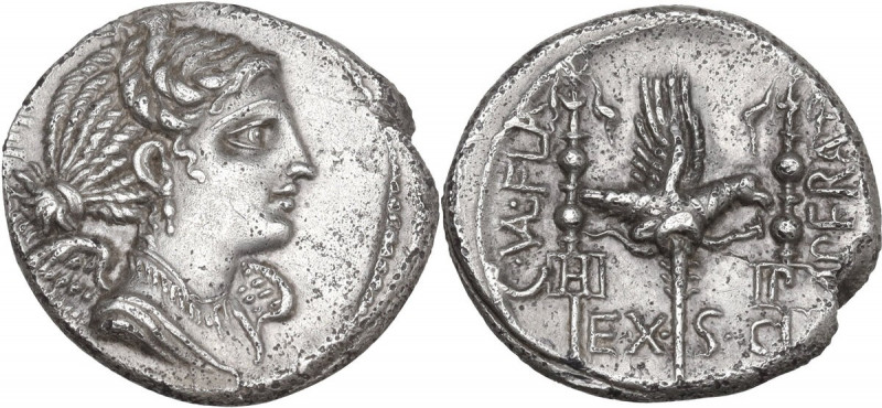 C. Valerius Flaccus. AR Denarius, 82 BC. Obv. Bust of Victory right; behind, E. ...