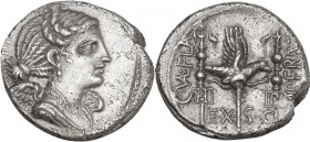 C. Valerius Flaccus. AR Denarius, 82 BC. Obv. Bust of Victory right; behind, E. Rev. C. VAL. FLA. IMPERAT. Legionary eagle between two standards inscr...