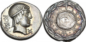 M. Caecilius Metellus. AR Denarius, Rome mint, 82-80 BC. Obv. Diademed head of Apollo right; on the left, ROMA; on the right, barred X. Rev. Macedonia...