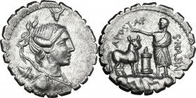 A. Postumius Albinus. AR Denarius serratus, Rome mint, 81 BC. Obv. Draped bust of Diana right, with bow and quiver over shoulder; above, bucranium. Re...