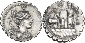 A. Postumius A.f. Sp. n. Albinus. AR Denarius serratus, 81 BC. Obv. Draped bust of Diana right, with bow and quiver over shoulder; above head, bucrani...