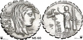 A. Postumius A.f. Sp. n. Albinus. AR Denarius serratus, 81 BC. Obv. HISPAN. Veiled head of Hispania right with dishevelled hair. Rev. A. POST. A. F.S....
