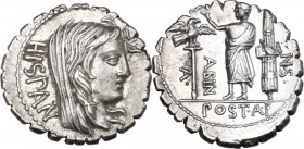 A. Postumius A.f. Sp. n. Albinus. AR Denarius serratus, 81 BC. Obv. HISPAN. Veiled head of Hispania right with dishevelled hair. Rev. A. POST. A. F.S....