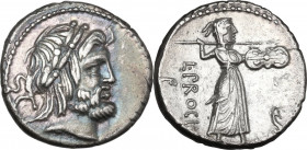L. Procilius. AR Denarius, Rome mint, 80 BC. Obv. Laureate head of Jupiter right; on the left, S·C. Rev. Juno Sospita standing right, holding shield a...
