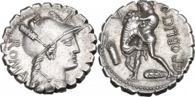 C. Poblicius Q. f. AR Denarius serratus, 80 BC. Obv. Draped bust of Roma right, two feathers on helmet; behind, ROMA and above, A. Rev. Hercules left,...
