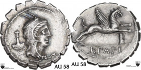L. Papius. AR Denarius serratus, 79 BC. Obv. Head of Juno Sospita right, wearing goat's skin; behind, tanner's knife. Bead-and-reel border. Rev. Gryph...