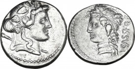 L. Cassius Q. f. Longinus. AR Denarius, 78 BC. Obv. Ivy-wreathed head of Liber right, with thyrsus over shoulder. Rev. L. CASSI. Q.F. Vine-wreathed he...