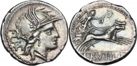 L. Rutilius Flaccus. AR Denarius, Rome mint, 77 BC. Obv. Helmeted head of Roma right; on the left, FLAC. Rev. Victory in biga right; in exergue, L·RVT...