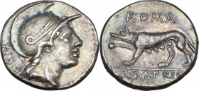 P. Satrienus. AR Denarius, Rome mint, 77 BC. Obv. Helmeted head of Roma right; on the left, control-numeral. Rev. She-wolf left, right forepaw raised;...
