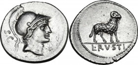 L. Rustius. AR Denarius, Rome mint, 76 BC. Obv. Helmeted head of Minerva (or young Mars) right ; on the left, S·C; on the right, barred X. Rev. Ram st...