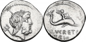 L. Lucretius Trio. AR Denarius, 74 BC. Obv. Laureate head of Neptune right; on the left, trident; above, L (control-numeral). Rev. Winged boy riding d...