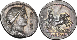 L. Farsuleius Mensor. AR Denarius, 75 BC. Obv. Diademed and draped bust of Liberty right; behind, [numeral/pileus]; before, MENSOR; below chin, SC. Re...