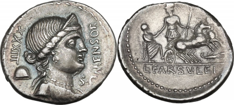 L. Farsuleius Mensor. AR Denarius, 75 BC. Obv. Diademed and draped bust of Liber...