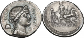 L. Farsuleius Mensor. AR Denarius, 75 BC. Obv. Diademed and draped bust of Liberty right; behind, numeral/pileus; before, MENSOR; below chin, SC. Rev....