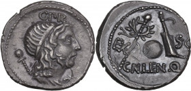 Cn. Lentulus. AR Denarius, 76-75 BC. Obv. Diademed and draped bust of the Genius of the Roman People right, sceptre on shoulder; above, G.P.R. Rev. EX...