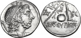 Cn. Cornelius Lentulus. AR Denarius, 76-75 BC. Spain (?). Obv. Draped bust of the Genius Populi Romani right, hair tied with band and sceptre over sho...