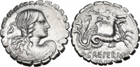 Q. Crepereius Rocus. AR Denarius serratus, Rome mint, 72 BC. Obv. Draped bust of Amphitrite, seen from behind; on the left, dolphin; on the right, A. ...
