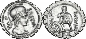 Mn. Aquillius. AR Denarius serratus, Rome mint, 71 BC. Obv. Helmeted bust of Virtus right; on the left, III·VIR; on the right, VIRTVS. Rev. Warrior, h...