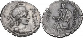 Mn. Aquillius Mn. f. Mn. n. AR Denarius serratus, 71 BC. Obv. VIRTVS III. VIR. Helmeted bust of Virtus right. Rev. MN. AQVIL. MN. F. MN. N. The consul...
