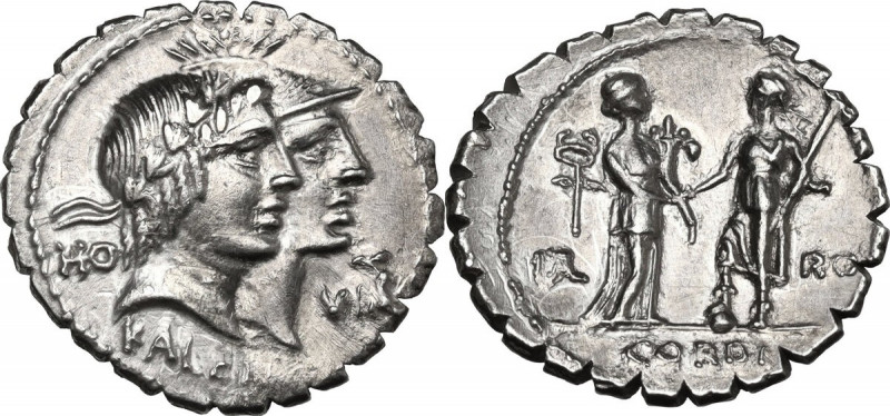 Q. Fufius Calenus and Mucius Cordus. AR Denarius serratus, Rome mint, 70 BC. Obv...