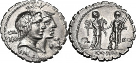 Q. Fufius Calenus and Mucius Cordus. AR Denarius serratus, Rome mint, 70 BC. Obv. Jugate heads of Honos and Virtus right; on the left, HO; on the righ...
