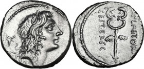 M. Plaetorius Cestianus. AR Denarius, Rome mint, 69 BC. Obv. Male head right; on the left, bucranium. Rev. Caduceus; on the left, CEST·EX·S·C; on the ...