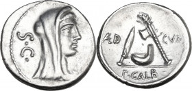 P. Galba. AR Denarius, Rome mint, 69 BC. Obv. Veiled bust of Vesta right; on the left, S·C. Rev. Knife, simpulum and ornamented axe; on the left, AED ...