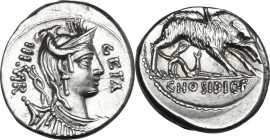 C. Hosidius C.f. Geta. AR Denarius, 68 BC. Obv. III VIR-GETA. Diademed and draped bust of Diana right, with bow and quiver over shoulder. Rev. Boar ri...