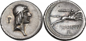 C. Piso Frugi. AR Denarius, Rome mint, 67 BC. Obv. Laureate head or bust of Apollo right; behind, P. Rev. Horseman galloping right, holding palm; C·PI...