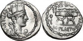 M. Plaetorius Cestianus. AR Denarius, Rome mint, 67 BC. Obv. Turreted head of Cybele right; on the left, forepart of lion and CESTIANVS; on the right,...