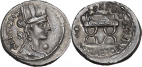M. Plaetorius M. f. Cestianus. AR Denarius, 67 BC. Obv. CESTIANVS. Turreted bust of Cybele right; behind, forepart of lion; before chin, globe. Bead a...