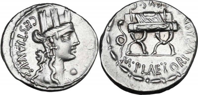 M. Plaetorius Cestianus. AR Denarius, Rome mint, 67 BC. Obv. Turreted head of Cy...