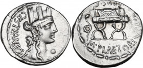 M. Plaetorius Cestianus. AR Denarius, Rome mint, 67 BC. Obv. Turreted head of Cybele right; on the left, forepart of lion and CESTIANVS ; on the right...