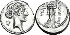 Q. Pomponius Musa. AR Denarius, 66 BC. Obv. Laureate head of Apollo right; behind, tortoise. Rev. Terpsichore standing right, holding lyre and plectru...