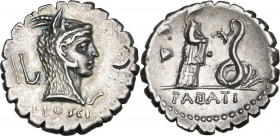 L. Roscius Fabatus. AR Denarius serratus, 64 BC. Obv. Head of Juno Sospita right, wearing goat's skin; behind, two undeciphered control-symbols; below...